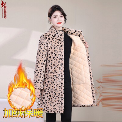 加绒加厚豹纹棉衣中长款宽松