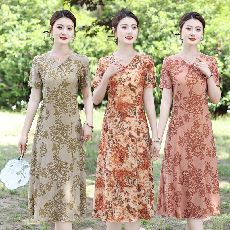 妈妈夏装连衣裙2025新款中老年女装夏季时尚短袖改良旗袍气质裙子