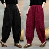 休闲裤 复古松紧腰长裤 女精品棉麻提花哈伦裤 唐装 民族风灯笼裤 新款
