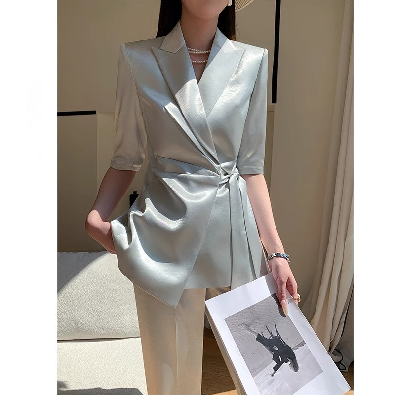 醋酸缎面西装套装女夏季薄款高级感时髦绑带修身显瘦职业休闲西服