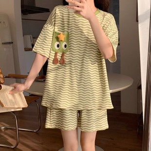 韩版 睡衣女夏季 短裤 ins风条纹卡通学生可外穿家居服套装 纯棉短袖