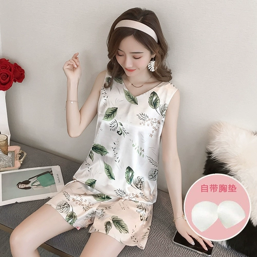 Жилет, летняя тонкая пижама, шелковый комплект без рукавов, сексуальный топ с чашечками