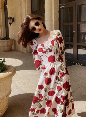 DAC 原创设计浪漫复古玫瑰印花长袖连衣裙春季新款法式长款裙子