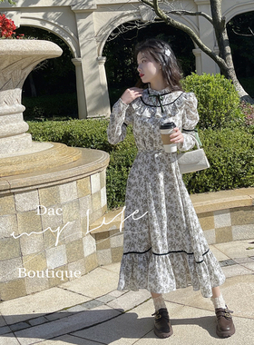 DAC 2024春季新款原创设计碎花泡泡袖连衣裙半高领收腰A字长裙女