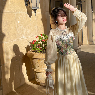 DAC【塞西莉娅】2024春秋新法式复古重工公主风拼接长袖连衣裙女