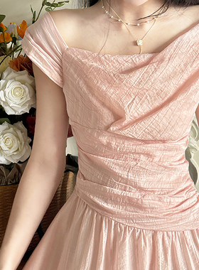 DAC【桃夭】原创温柔纯色一字领收腰显瘦连衣裙长裙2025夏季新款