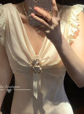 DAC 24夏季新品温柔风V领纯欲性感收腰显瘦蕾丝花边连衣裙女长裙