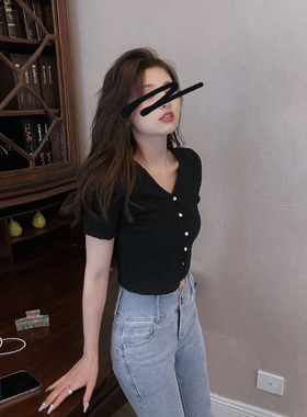 DAC 小众复古修身显瘦上衣2024夏季新款针织短袖T恤短款女装开衫