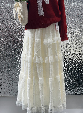 杏色蕾丝半身裙女秋冬新款a字纱裙甜美公主蓬蓬加绒加厚蛋糕长裙