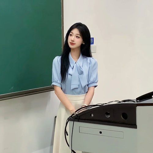 短袖衬衫女蝴蝶结系带职业装衬衣