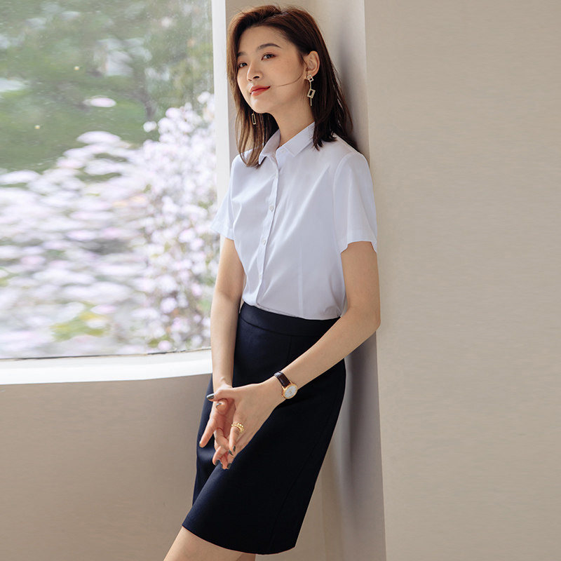 白色衬衫女夏季正装工装面试职业套装修身短袖衬衣银行前台工作服