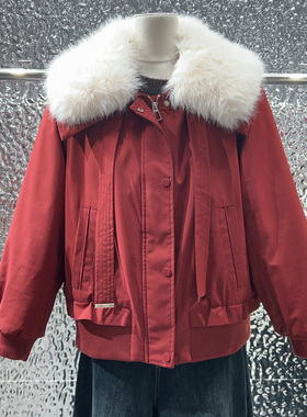 2025冬季新款红色毛领加绒棉服短款收腰显瘦百搭减龄保暖棉袄外套