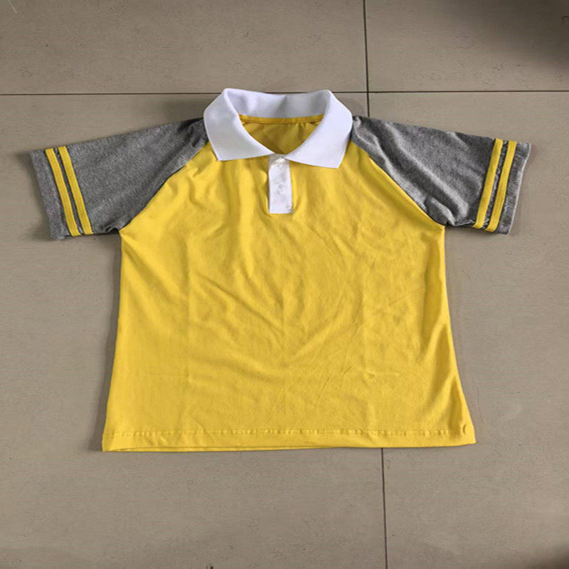 定制陕西中小学生夏季新款黄色短袖拼接灰色翻领校服休闲宽松短袖