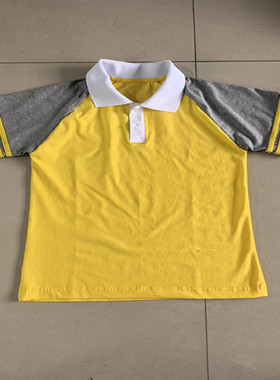 定制陕西中小学生夏季新款黄色短袖拼接灰色翻领校服休闲宽松短袖