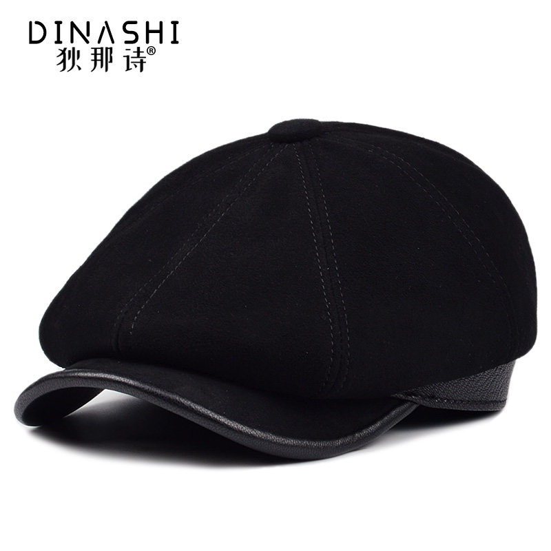秋冬季韩版复古八角帽羊皮鸭舌帽休闲韩版画家贝雷帽中老年人皮帽
