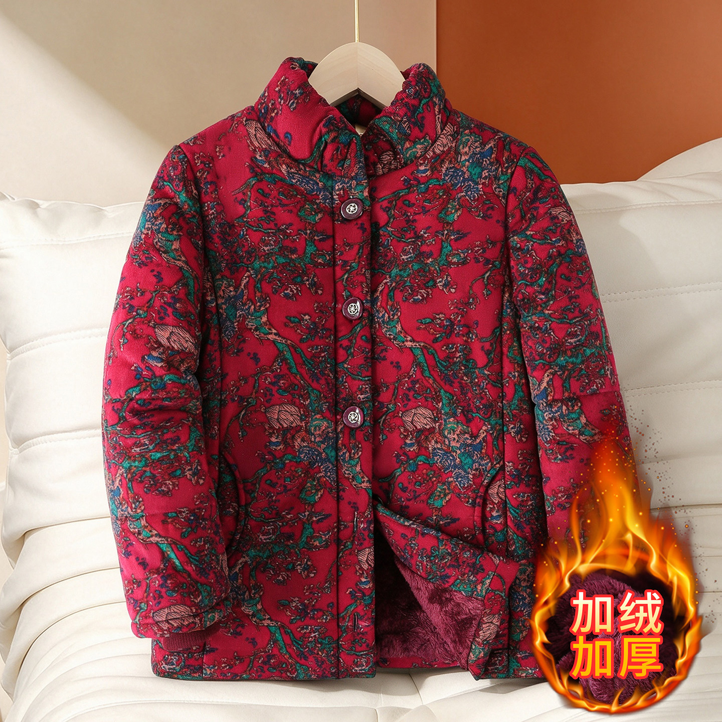 中老年女加绒加厚保暖棉服外套