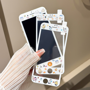 适用苹果6s/7/8卡通钢化玻璃贴膜iPhone7/8plus全屏彩色手机彩膜SE1/2/3指纹解锁按键贴4/5S前膜苹果四/五/六