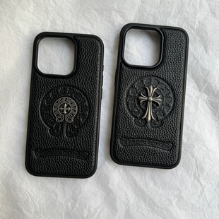 14保护壳 皮质潮牌苹果16promax小众十字架适用iPhone15pro暗黑全包荔枝纹17promax情侣款 2026新品