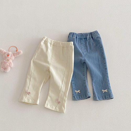 女童春秋微弹蝴蝶结牛仔长裤