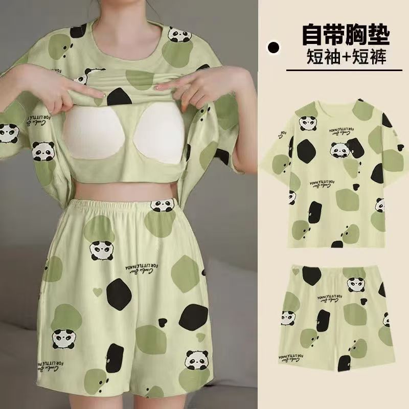 网红带胸垫睡衣女春夏季短袖短裤睡衣/家居服套装