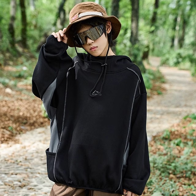 日单抓绒套头连帽衫男女秋大童卫衣潮牌印花上衣儿童服装外贸原单