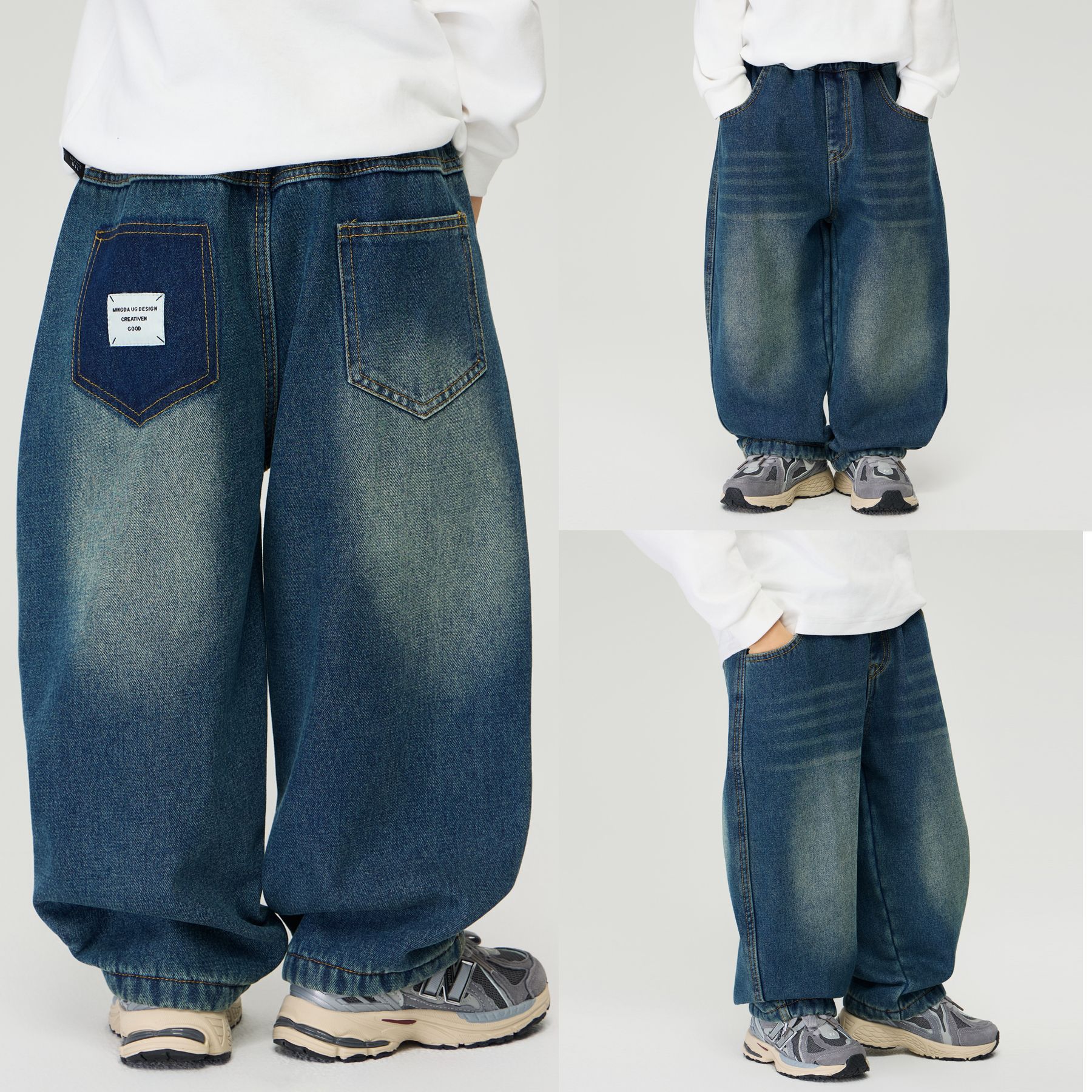 2025冬季新款男童帅气贴标加厚休闲裤中大童宽松百搭一体绒牛仔裤