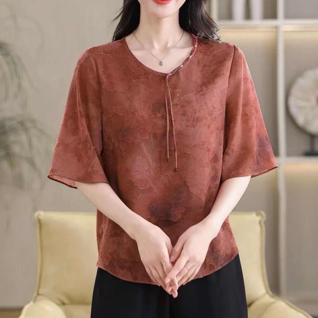 2026夏季新款气质优雅烂花绡中袖真丝女装上衣T恤小衫JZG8802