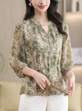 JZG8823优雅气质V领国风真丝印花上衣七分袖T恤小衫女装2026夏季