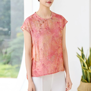上衣T恤小衫 2026夏季 国风印花真丝女装 气质优雅短袖 2672 新款