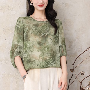 上衣T恤小衫 真丝民族风印花女装 纱袖 7951优雅气质国风泡泡袖