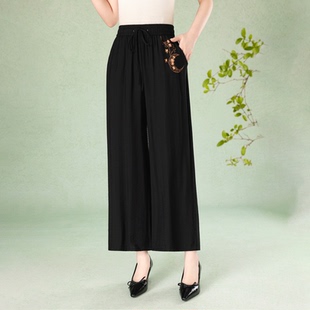 中式 新款 薄款 夏季 高腰垂感国风女直筒休闲裤 绮绣缘792丝缎阔腿裤
