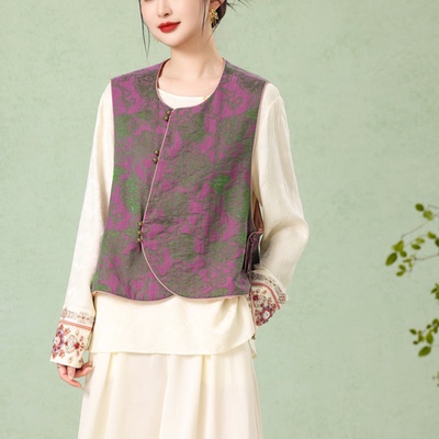 优雅斜襟丝缎印花民族风女装上衣