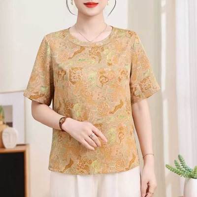 优雅短袖国风印花真丝女装上衣