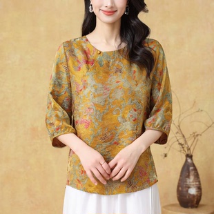 上衣T恤七分袖 2026夏季 新款 气质优雅国风圆领真丝印花女装 516 小衫