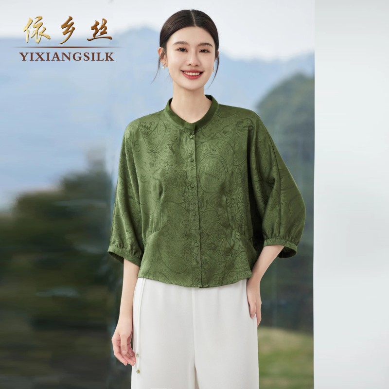 6681立领七分袖蝙蝠袖真丝民族风通勤女上衣衬衫开衫2025夏季新款