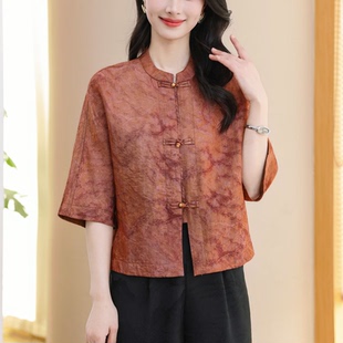 7905优雅气质通勤国风单排扣中袖小衫女装衬衫香云纱真丝上衣