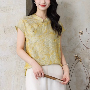 新款 YWFF2033立领斜襟真丝浮光锦短袖 夏季 上衣T恤小衫 印花女装