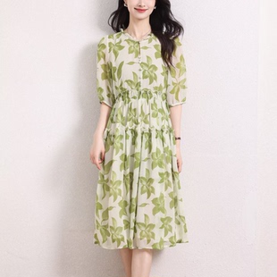SYHY2635优雅气质领部一粒扣真丝中袖 连衣裙 收腰显瘦印花轻奢法式