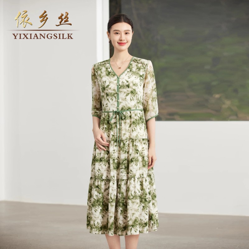 9923法式轻奢V领碎花双绉真丝七分袖中长款收腰系带连衣裙女装
