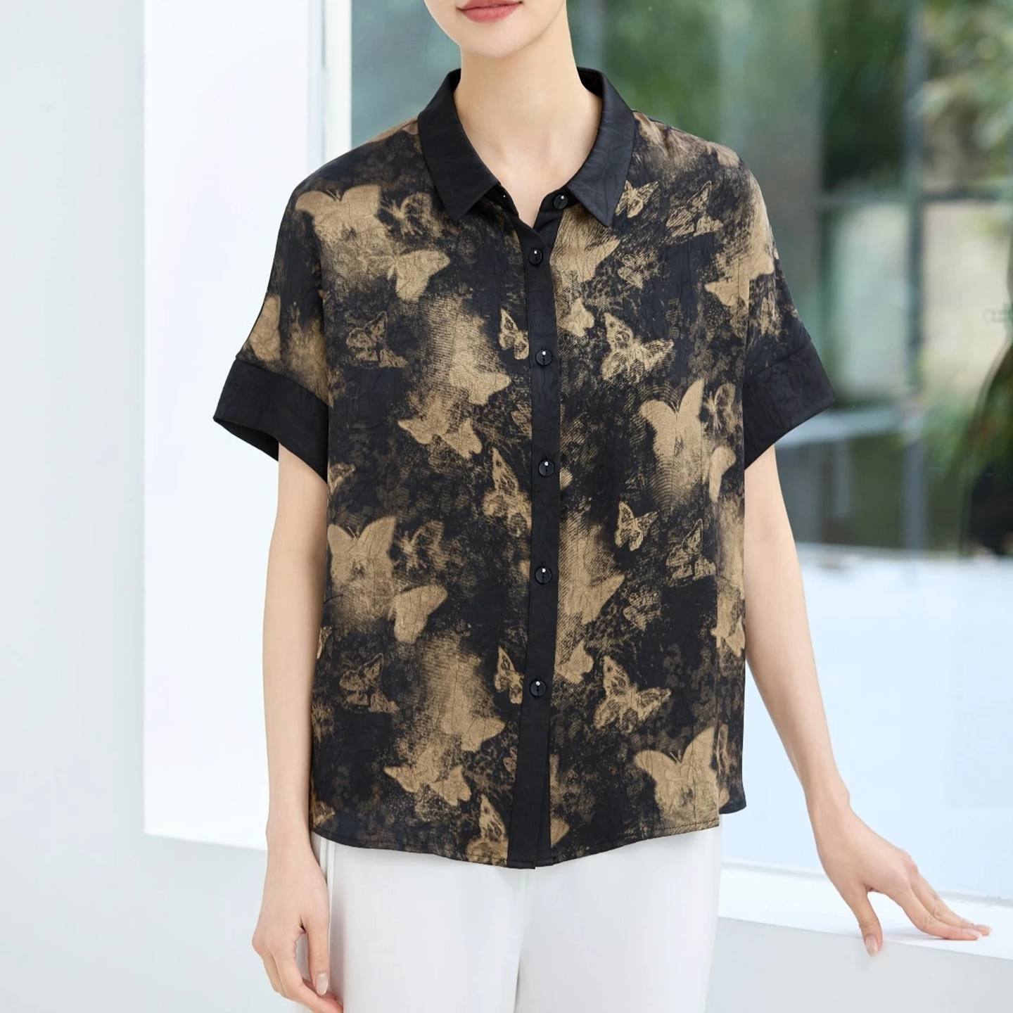 2026夏季新款气质优雅前短后长连肩袖翻领女真丝上衣衬衫女装2679