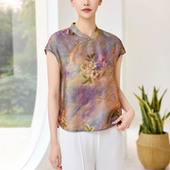 上衣T恤小衫 2026夏季 女装 气质优雅斜襟印花真丝短袖 3638 新款