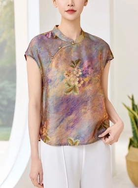 2026夏季新款气质优雅斜襟印花真丝短袖女装上衣T恤小衫3638