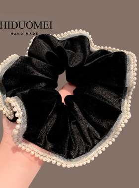 法式高级感珍珠丝绒黑色大肠圈温柔款气质扎马尾头绳高弹耐用发绳