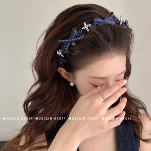 韩版学院风格子蝴蝶结齿梳发箍高级感气质时尚复古百搭头箍