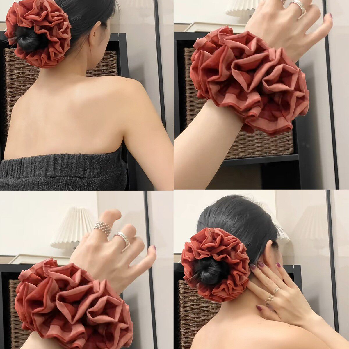 番石榴红绣球手工褶皱绣球发圈超仙花边大肠发圈丸子头发绳饰品