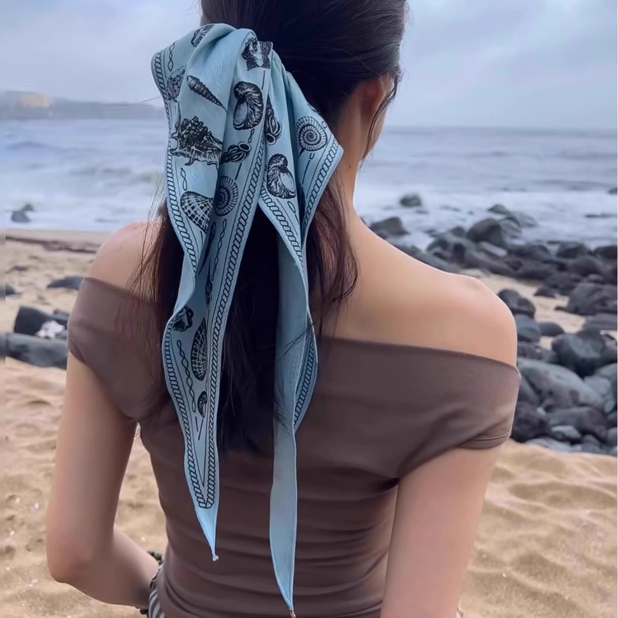 北海季风~飘逸方巾海洋贝壳发圈女复古小众设计高级感度假风发圈