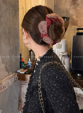 拿捏气质~法式温柔网纱玫瑰红色大肠发圈头绳女扎丸子头皮筋发饰