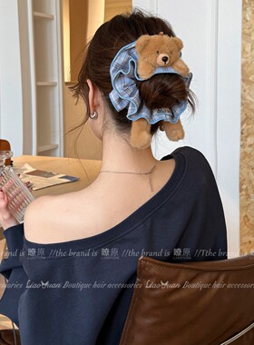 原创毛绒小熊格纹大肠发圈少女心超好看头绳2026新款发绳头花发饰