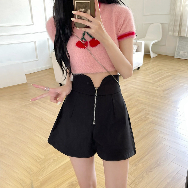 黑色短裤女2024夏季设计感小众拉链高腰外穿百搭A字阔腿休闲热裤