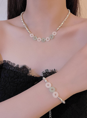 设计感碎银几两平安扣套装项链女小众个性百搭复古文艺闺蜜手链潮